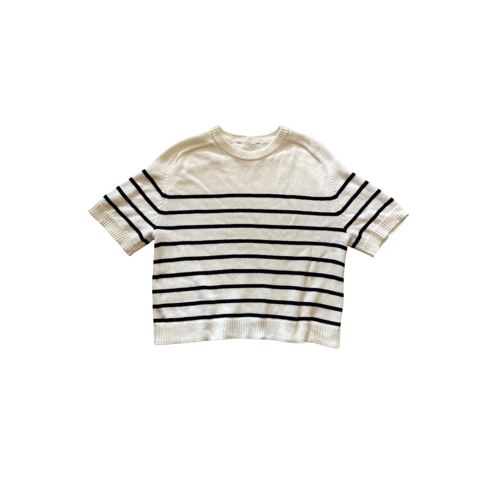 Striped Short Sleeve Cable Knit Sweater Crewneck White Sz M Abercrombie & Fitch